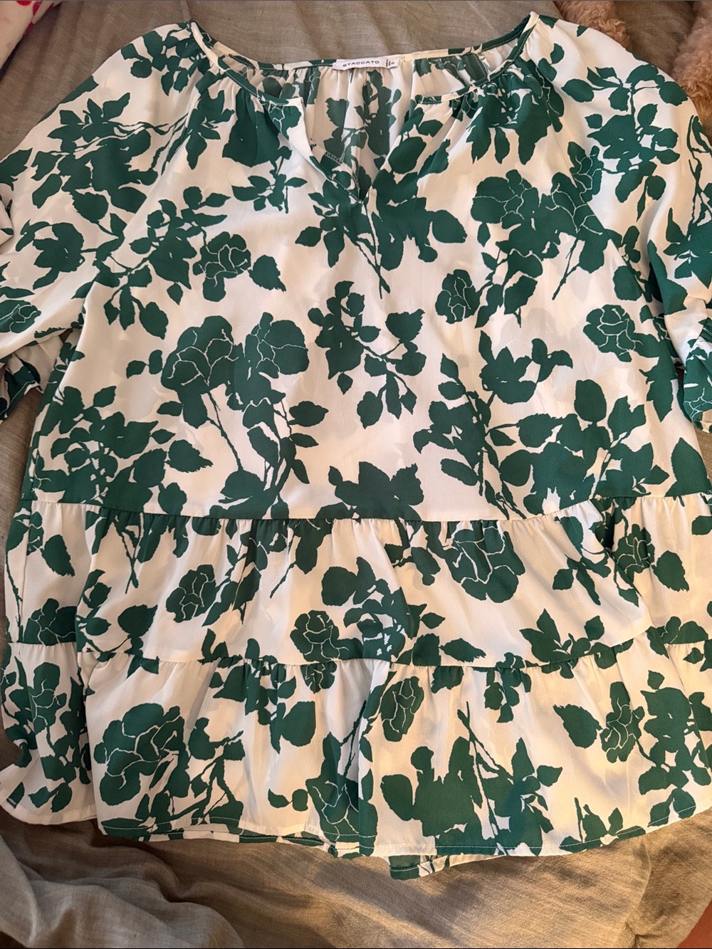 Staccato Green and Cream Floral Peasant Blouse
